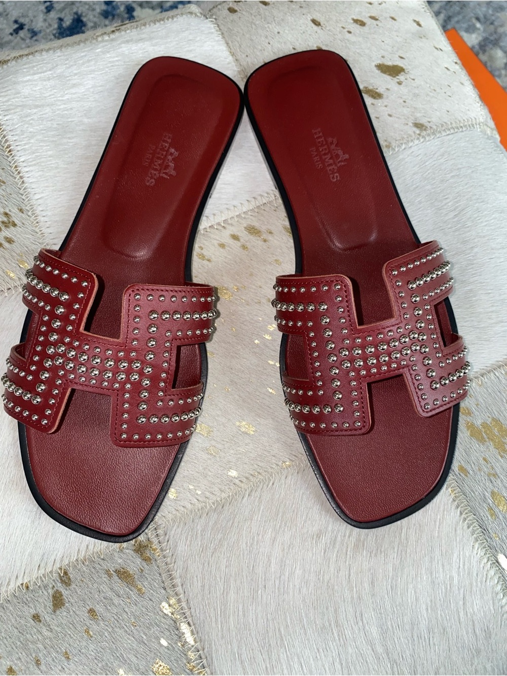 RARE Hermes Red Studded Oran Sandals